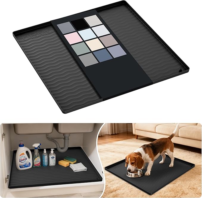 URMONA Waterproof Silicone Under Sink Mat 22'' x 22'' Shelf Liner for Kitchen and Bathroom, Cabinet and Counter Protector, Storage and Organizers, Litter Mat, Pet Cat Puppy Essentials(Black)