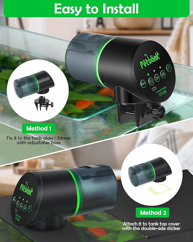 Automatic Fish Feeder for Aquarium - Auto Fish Food Dispenser Rechargeable for Small Large Tank with USB Charger Cable，12/24/48H Interval Esay Set Up (Black, CY-019)