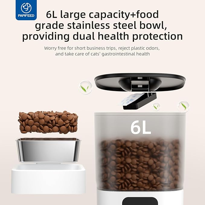 PAPIFEED Smart Automatic Cat Feeders Pet Feeder : WiFi Pet Feeder with APP Control for Remote Feeding, Detachable for Easy Clean,Stainless Steel Bowl,1-10 Meals Per Day for Dog (6L/25Cup)