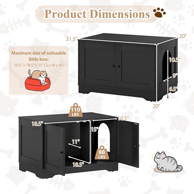 Tangkula Cat Litter Box Enclosure, Wooden Kitty Washroom Cabinet w/Winding Entry & Cat Hole, with Divider, Hidden Double Enclosed Litter Box Furniture for Living Room, Bedroom, Entryway (Black)