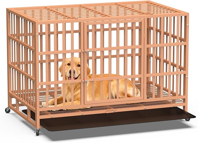 Heavy Duty Dog Crate 48 Inch, Indestructible Dog Crate with Removable Tray, Escape Proof & High Anxiety Dog Kennel Indoor, Metal Dog Cage with Wheels for Large Dogs, XL XXL XXXL
