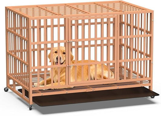 Heavy Duty Dog Crate 48 Inch, Indestructible Dog Crate with Removable Tray, Escape Proof & High Anxiety Dog Kennel Indoor, Metal Dog Cage with Wheels for Large Dogs, XL XXL XXXL