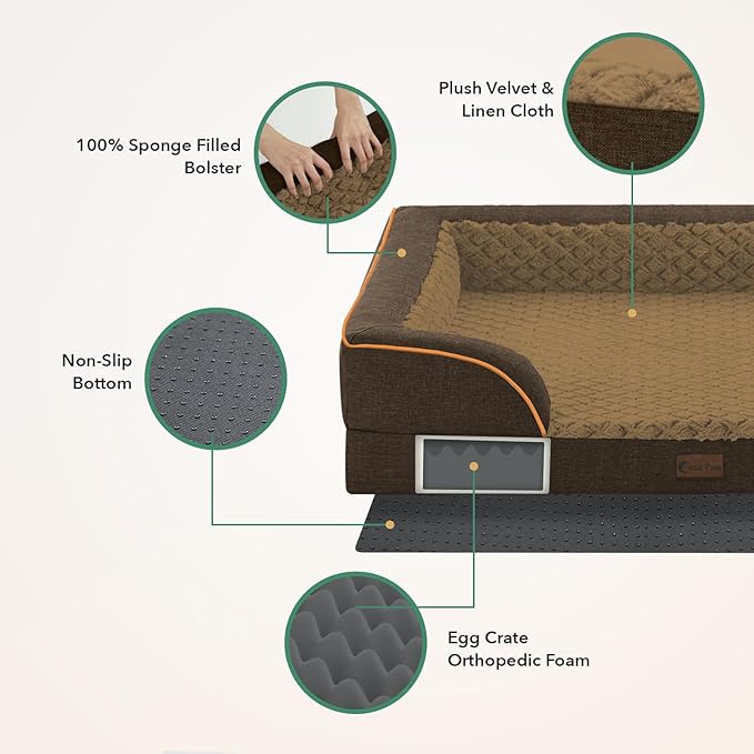 Orthopedic Dog Beds for Extra Large Sized Dogs, Waterproof Memory Foam XL Pet Bed with Sides 48x30Inch, Non-Slip and Egg-Crate Foam Big Dog Couch Bed with Removable Washable Cover, Brown