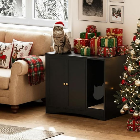 AUN Cat Litter Box Enclosure Hidden Cabinet, Easy Clean Steel Frame Pet House Furniture, Cat Washroom with Curved Entry, Dog-Proof, Black, 31.5x19.6x27.5 Inches, Indoor Use