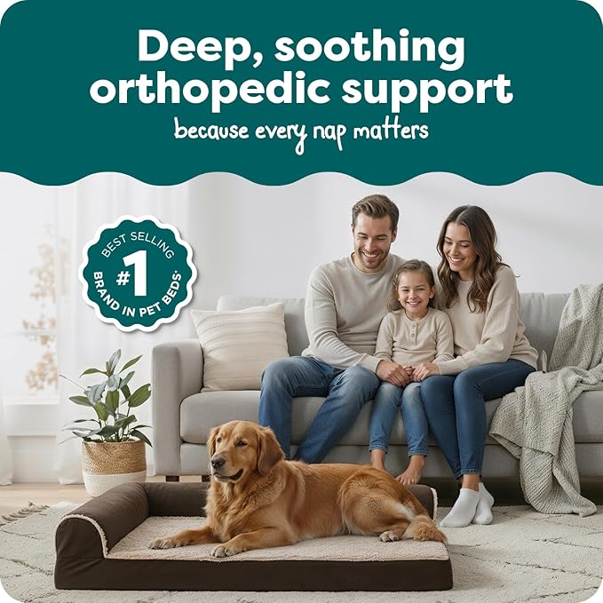 FurHaven Orthopedic Dog Bed for Large Dogs, L-Shaped Chaise Contour Mattress with Egg Crate Orthopedic Memory Foam for Joint Support, Removable Washable Cover, Jumbo/XL, Faux Fur & Suede, Espresso