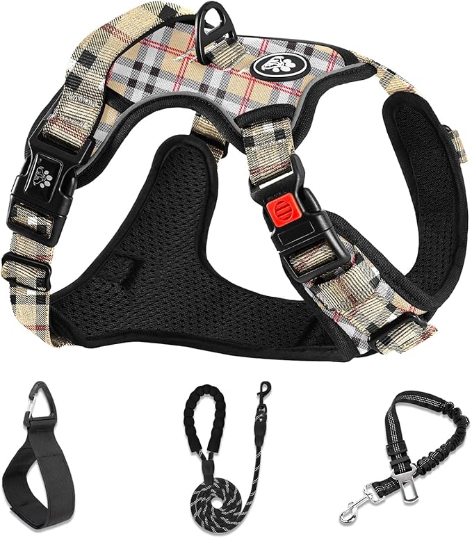 NESTROAD No Pull Dog Harness with Leash, Reflective No Choke Pet Vest Harness,Adjustable Soft Padded Dog Harness with Easy Control Handle for Large Dogs(Checkered Beige,X-Large)
