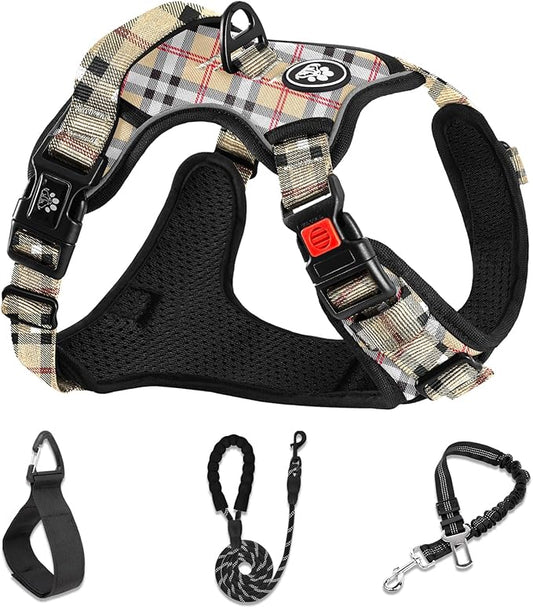 NESTROAD No Pull Dog Harness with Leash, Reflective No Choke Pet Vest Harness,Adjustable Soft Padded Dog Harness with Easy Control Handle for Large Dogs(Checkered Beige,X-Large)