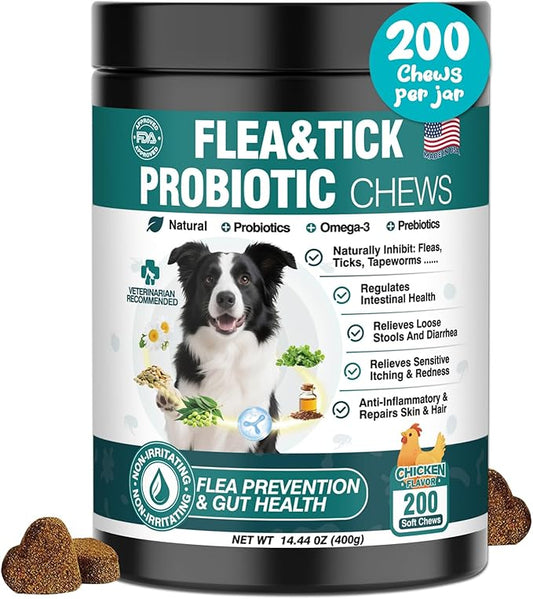 Dog Flea and Tick Treatment Chewables for Dogs Natural Chewable Flea and Tick Chicken Flavor Prevention Probiotic Dog Chews Gut Health Probiotics for Dogs Digestive Health 2 in 1 Chewable 200 Chews