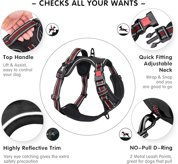 PoyPet No Pull Dog Harness, [Release on Neck] Reflective Adjustable No Choke Pet Vest with Front & Back 2 Leash Attachments(Black+Red,M)