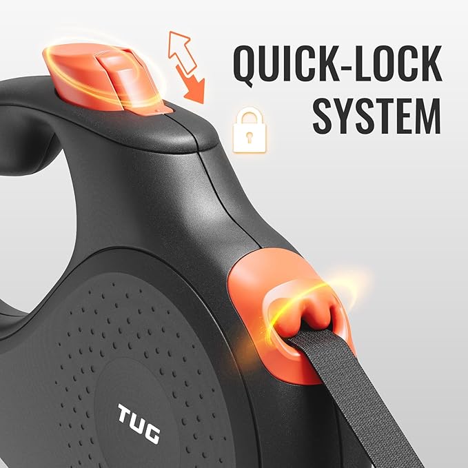 TUG 360° Tangle-Free Retractable Dog Leash | 16 ft Strong Nylon Tape (Small, Black/Orange)