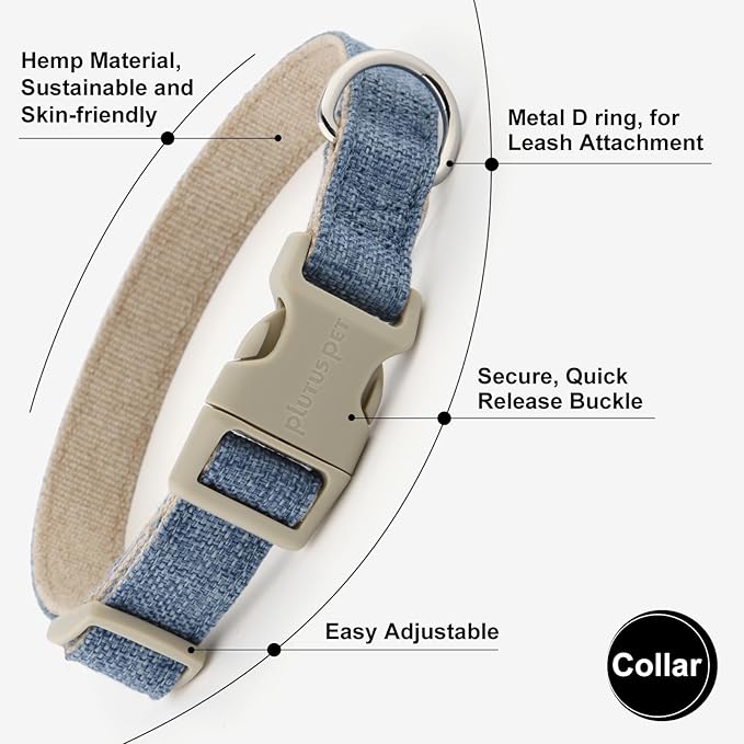 Plutus Pet Cotton Hemp Dog Collar and Leash Set, Adjustable Collar for Small, Medium, and Large Dogs, Heavy Duty and Soft on Skin, Haze Blue, XL