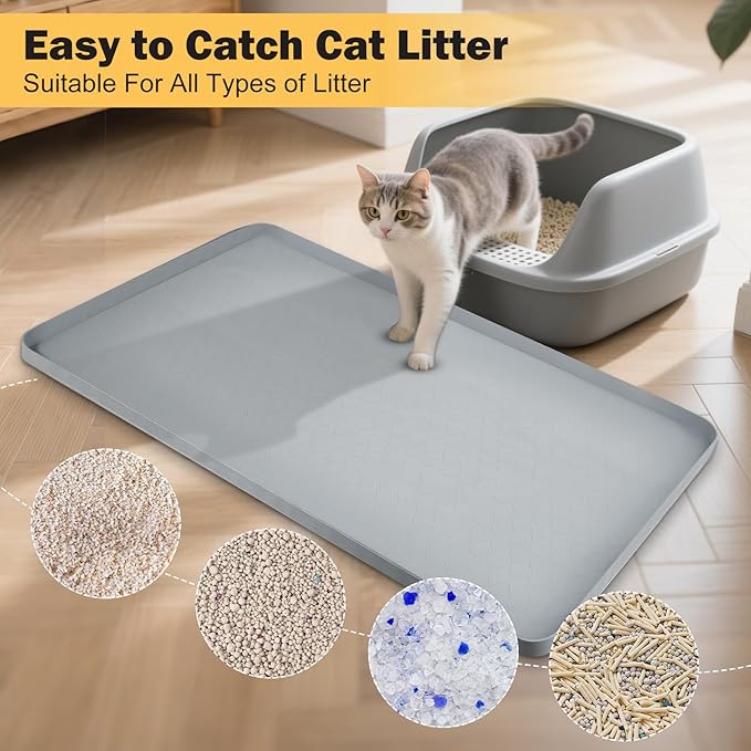 SpaceTime 34"X22" Large Cat Litter Mat Litter Trapping Mat for Cat,XL Litter Box Mat for Kitty,Waterproof & Urine Proof Extra Large Silicone Pad for Floor,Non-Slip,Raised Edges (Silicone-Grey)