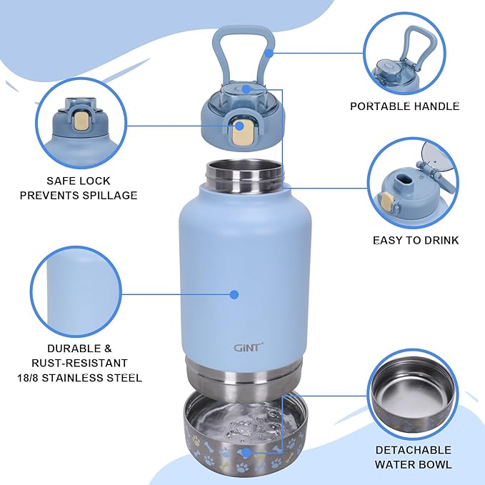 GiNT 37oz Insulated Stainless Steel Dog & Human Water Bottle, All-in-1 Travel Dispenser with Detachable Bowls & Carrying Case, Leak-Proof Pet Canteen for Walking, Hiking, Camping, Car (Blue)