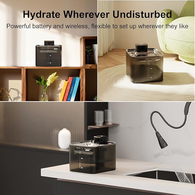 NPET Wireless Cat Water Fountain, 4L/1Gallon Battery Operated Pet Fountain with Smart Motion Sensor, 4000mAh Rechargeable Battery & Quiet Pump, Automatic Cordless Water Dispenser for Cats, Dogs,Pets