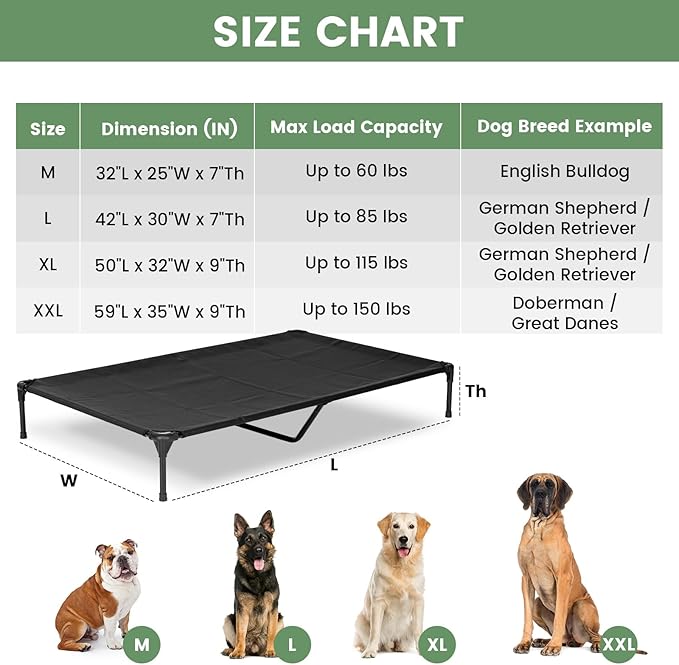 Elevated Dog Bed for Outdoor, XXL Raised Dog Cot Indestructible with Washable Mesh, Cooling Summer Pet Cot Chew Proof for Outside Camping Travel, 59"x36" Grey