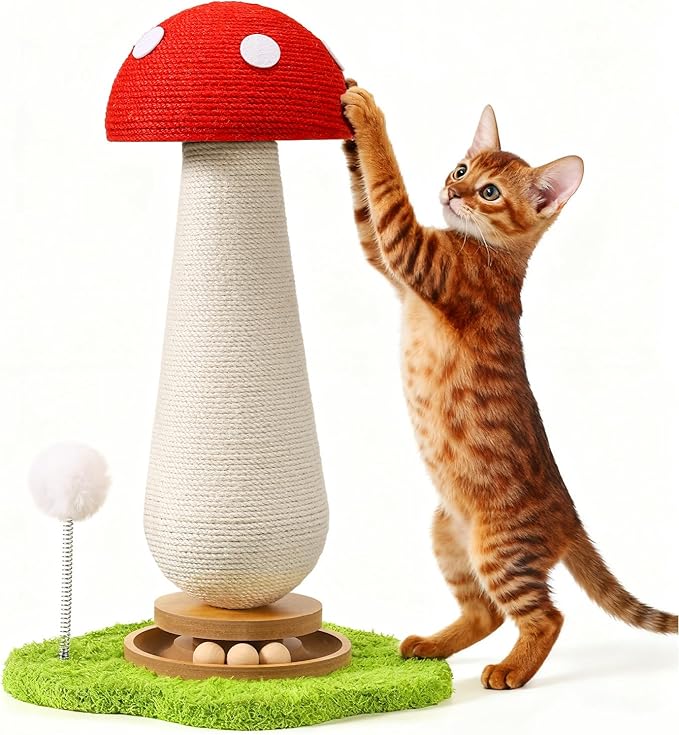 Cat Scratching Post for Indoor Cats,Cat Toys Scratcher Sisal Cat Scratch Posts for Kittens Adults with Interactive Track Ball & Spring Toy