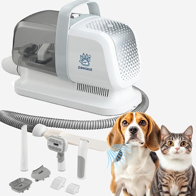 Dog Grooming Vacuum - Pet Hair Trimmer, Dog Hair Clippers and Nail Grinder with 7 Attachments - All-in-One Pet Grooming Kit with 3-Level Suction and Speed Settings with Temperature Control Protection