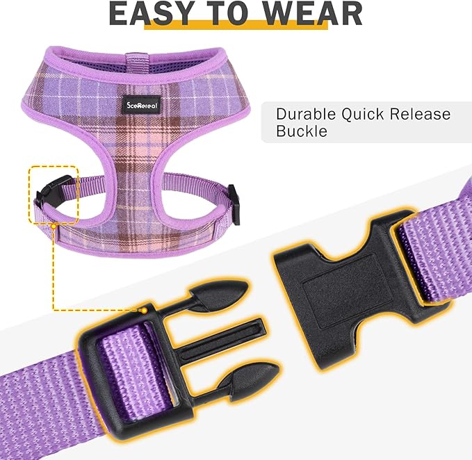 SCENEREAL Puppy Dog Harness with Leash Set for Small Medium Sized Dogs, Soft Mesh Step in Pet Harnesses and Leash, No Chock Plaid Adjustable No Pull Vest for Dogs Cats, Chihuahua,Bulldog (Purple S)