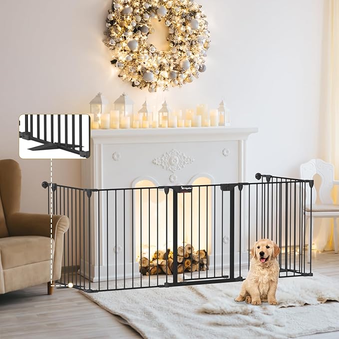 Dog Gate 27.5"-129" Extra-Wide Playpen, Freestanding Pet Gate, Puppy Fence with Auto-Close Door, Double Locking System for Fireplace, Foldable (Black, 5 Panels