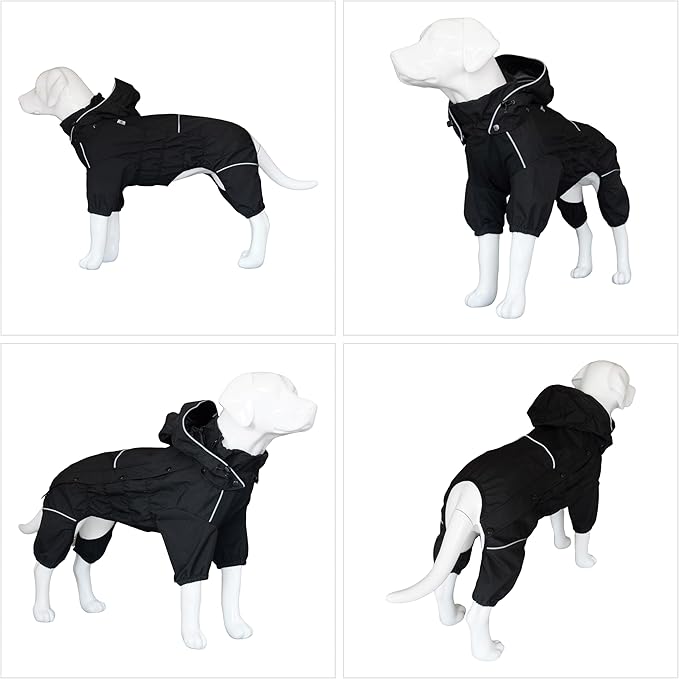 LOVELONGLONG Waterproof Dog Raincoat with Removable Hood – Outdoor Full Body Dog Jacket, Windproof Snowproof Shell Suit – All Season Pet Rain Gear Black XXL