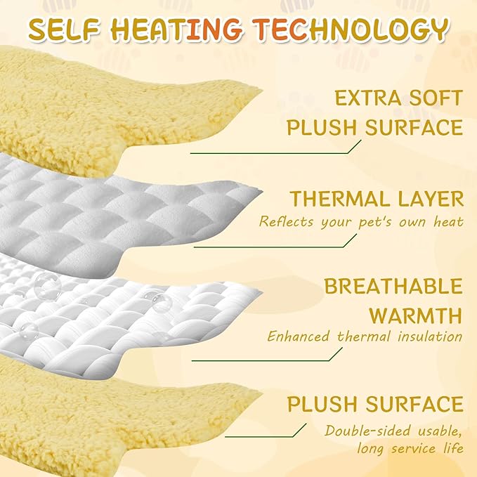 3 Pack Self Warming Cat Dog Bed Leaf Shape Self Heating Pet Mat Non Electric Washable Thermal Sleeping Pad Plush Heated Pet Mat for Crate Floor Indoor Outdoor(Light Yellow,Small-16 x20)