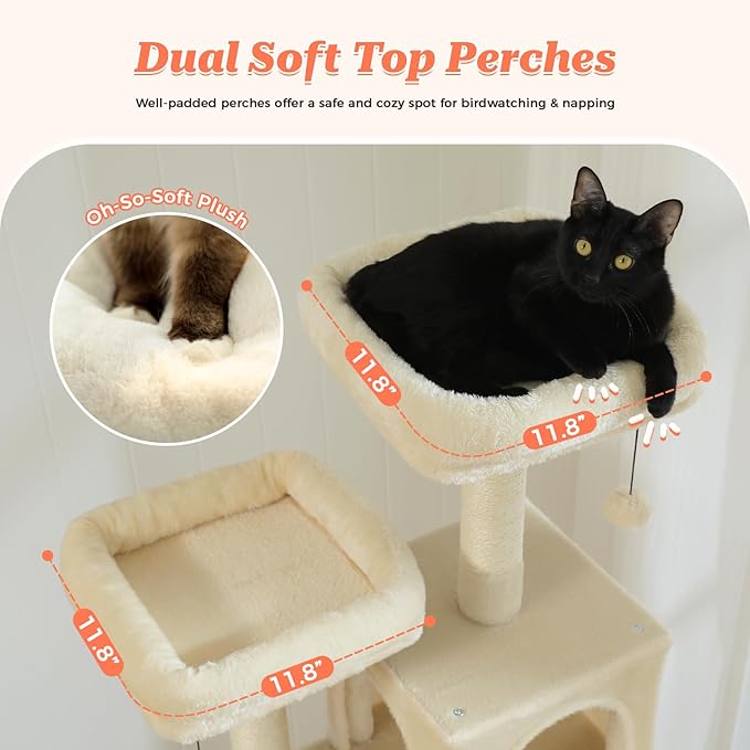 64-Inch Large Cat Tree for Indoor Cats, Multi-Level Tall Cat Tower with 2 Soft Top Perches, 2 Caves, 5 Sisal Scratching Posts, 2-in-1 Scratching Ramp, 1 Hammock & 3 Pompoms, Beige