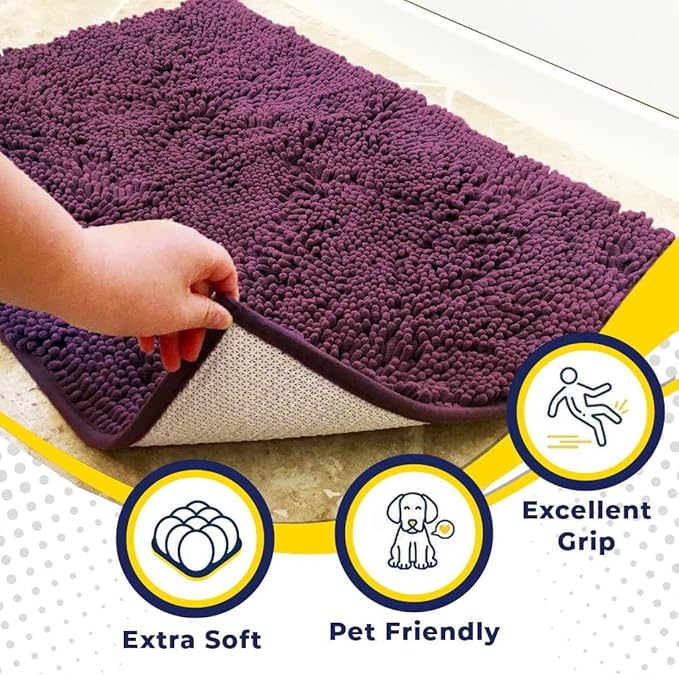 Muddy Mat® | Super Absorbent Door Mat Indoor, Microfiber Quick Dry Chenille Entryway Rug, Non-Slip Front Door Mat, Indoor Mats for Entryway, Machine Washable Pet Rug, Dark Purple 18"x28"