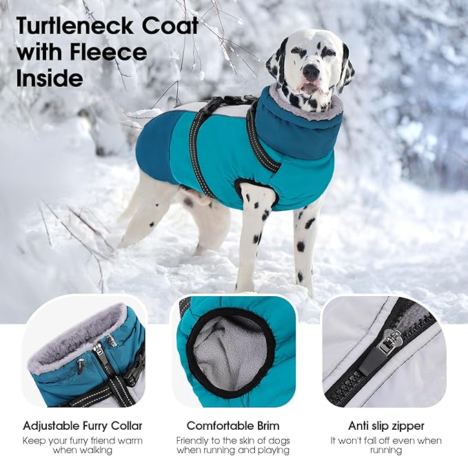 SUNFURA Large Dog Coat with Harness Built in, Warm Dog Jacket Waterproof Pet Winter Coat Snowsuit for Cold Weather, Reflective Fleece Jacket for Large Dogs, Border Collie, Turquoise XL