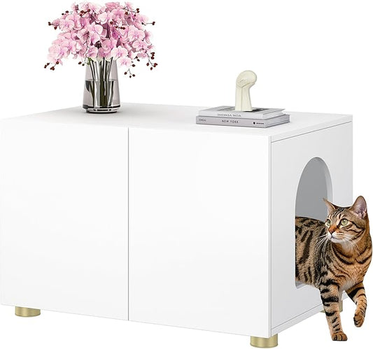 Small Litter Box Enclosure, Sleek Modern Cat Litter Box Cabinet Furniture, Wooden Cat House, End Table (White)