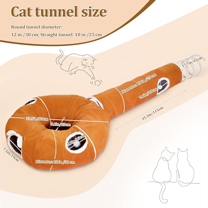 Ownpets 2-in-1 Cat Tunnel, Large Lollipop Shape Cat Tunnel Toy with Fluffy Balls, Spiral Toy, Plush Collapsible Cat Cave Hideout Donut Tunnel for Multi Kitten Puppy Rabbit (Orange)