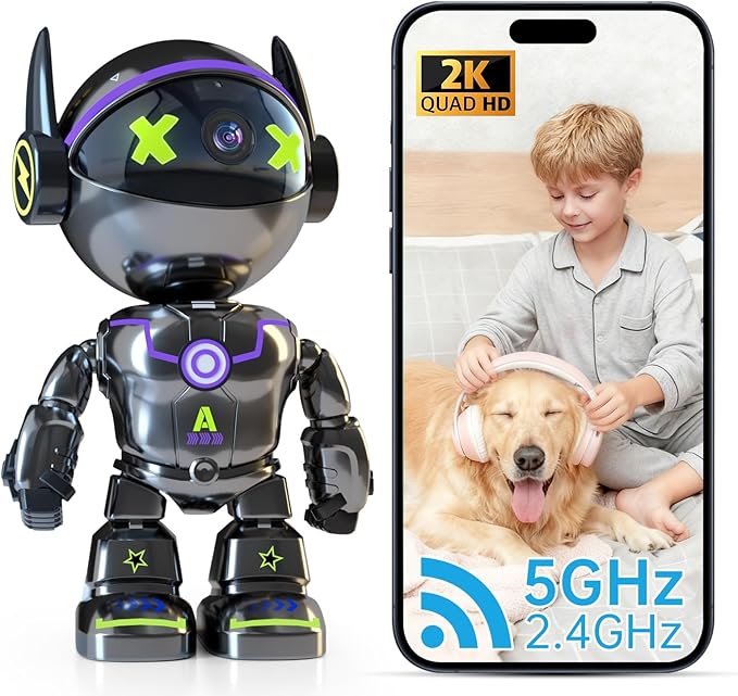 Cameras for Home Security Indoor Robot, 2K 2.4&5Ghz Indoor Camera WiFi Wireless Pet/Nanny/Dog Camera Phone App, Human Detection Color Night Vision, 2 Way Talk, AI Notification Smart Search Monitor Cam