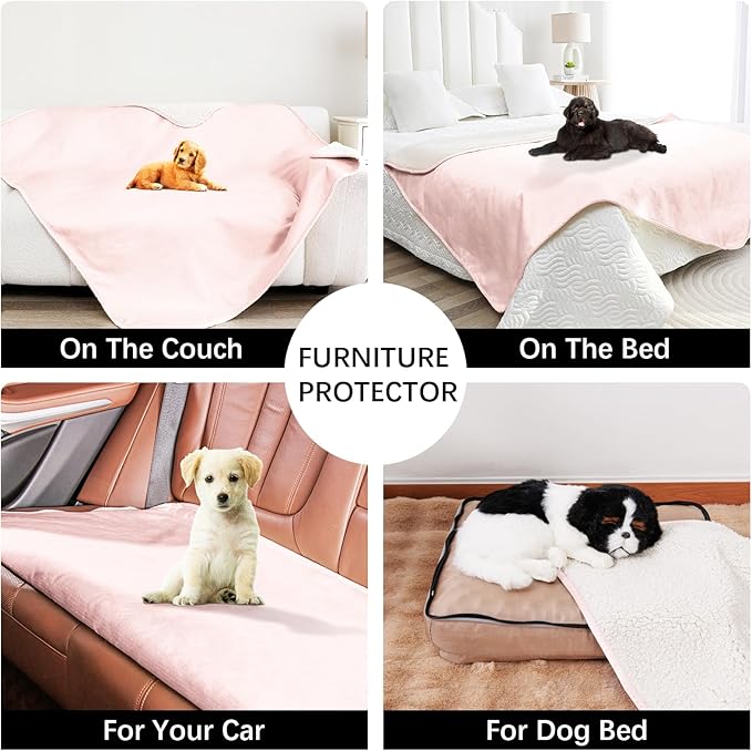 Waterproof Dog Blankets for Large Dogs, Washable Pet Blanket for Indoor Cats, Plush Sherpa Puppy Throw Furniture Protector for Bed Couch Sofa(40"x50",L,Pink)