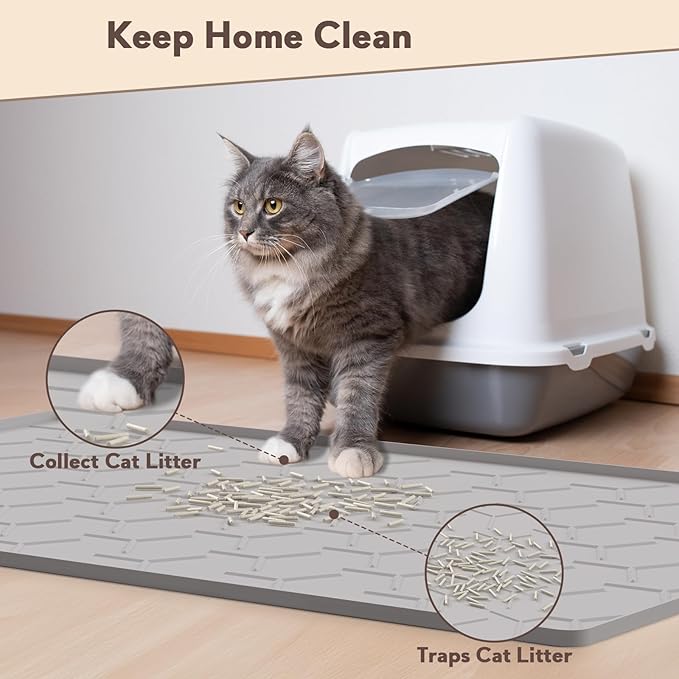 Cat Litter Box Mat, Large 40" X 28" Litter Trapping Mat for Cats, Waterproof Silicone Pad for Floor, Gray