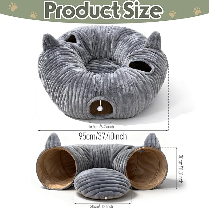 OurWarm Cat Tunnels for Indoor Cats - Round Cat Tunnel Bed with Removable and Washable Circle Cushion, Donut Cats Play Tunnel, Kitten Toys with Ear Sounds for Kitten/Puppy/Rabbit, Grey