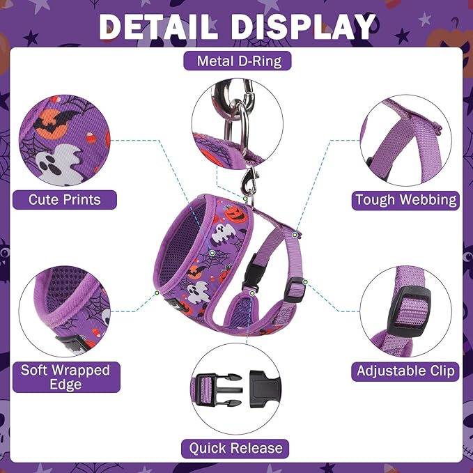 SCENEREAL Halloween Small Dog Harness Collar and Leash Set, Adjustable No Pull Pet Harnesses, No Chock Soft Mesh Step in Vest Costume for Doggie Puppy Dogs Cats Girl Boy Outdoor Walking