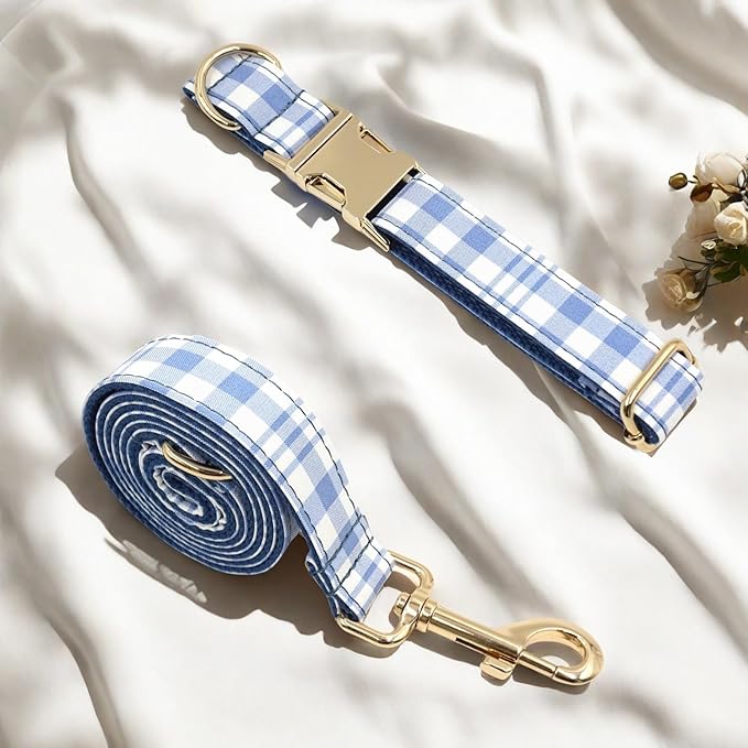 PETDURO Personalized Dog Collar Navy Blue Plaid for Large Medium Dogs | Engraved Name and Phone Number on Gold Metal Buckle for Boys | Add Leash & Bow Tie via Customize Now