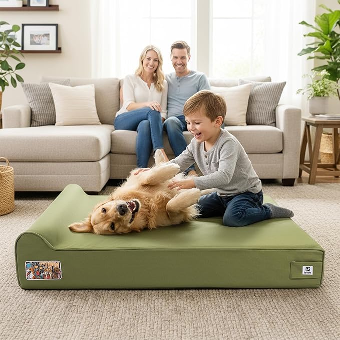 Sytopia XXL 50" Orthopedic Dog Bed – Outdoor, 7" Thick Memory Foam Mattress with Pillow, Removable Washable Waterproof Liner – Ultimate Comfort for Extra Large Breed Dogs Over 100 Pounds, Green
