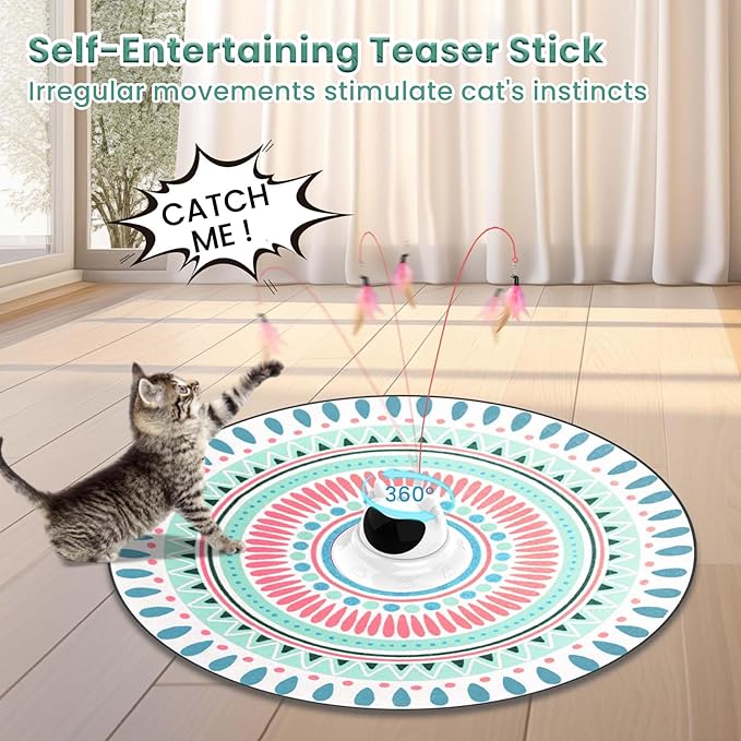 3 in 1 Automatic Interactive Cat Toy, Cat Laser Pointer Toy with Random Trajectory, Hide and Seek Moving Feather, Rechargeable Electronic Teaser Wand for Bored Indoor Cats