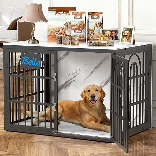 42" Dog Crate Furniture, Heavy Duty Dog Crates, Dog Kennel Furniture Indoor for Large Dog as TV Stand, Wooden Cage End Table for Indoor Decoration, Name Tag Escape-Proof Locks & Double Door