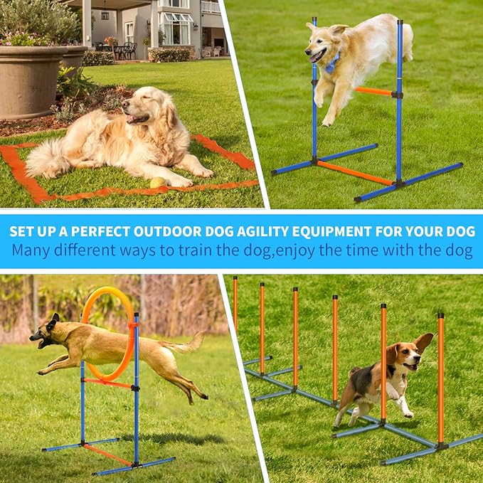 Dog Agility Training Equipment, 72-Piece Obstacle Course Training Starter Kit Indoor Outdoor Game for Dogs with Agility Hurdle, Jump Ring, Weave Poles, Pause Box, Toy Balls and Storage Bag
