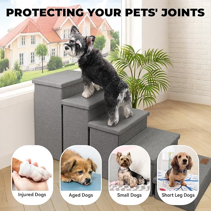 Dog Stairs for High Beds, Folding Pet Stairs Gift for Dogs Puppy with Storage for Bed Couch, Cat Dog Ramp Hold Up to 200 lbs (Gray, 5 Steps with Condo(49" D x 17" W x 26" H))