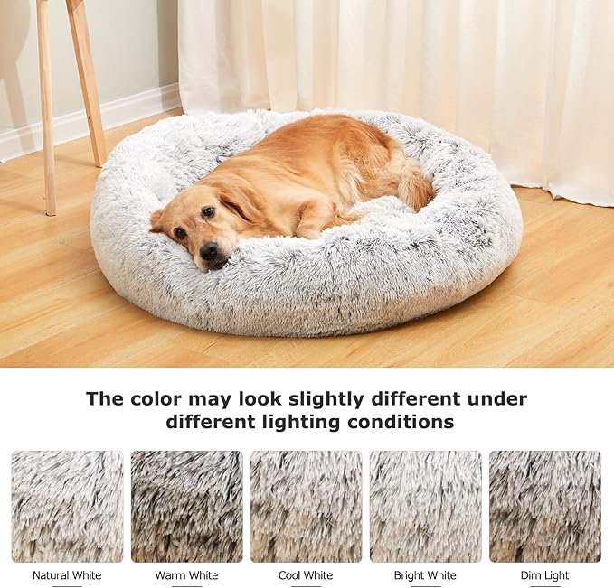 Bedfolks Calming Donut Dog Bed, 23 Inches Round Fluffy Dog Beds for Small Dogs, Machine Washable Anti-Anxiety Plush Puppy Bed（Light Grey, Small）