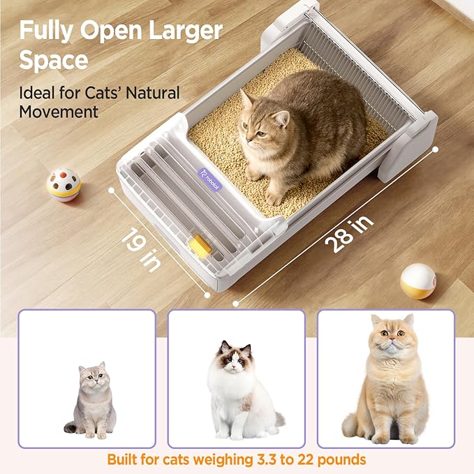 Robotail Fully-Open Automatic Self Cleaning Litter Box, Extra Large Space Electric Cat Litter Box with APP Control Health Monitor, Smart Litter Tray for Multiple Cats, with 20 Liners