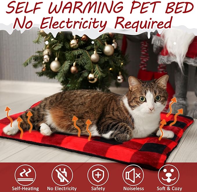VitalCozy 2 Pack Self Warming Cat Mat Self Heating Pad Bed Reversible Machine Washable Reflects Body Heat Warm Thermal Pet Pad Crate Blanket for Feral and Indoor Cat (Black, Red,22'' X 18'',Plaid)