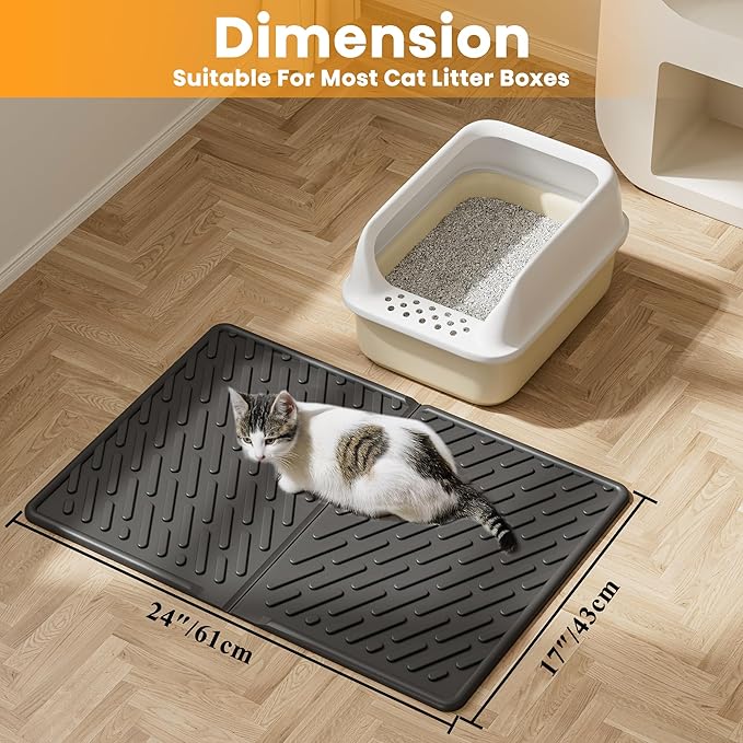 Pieviev Cat Litter Box Mat, 24"x 17" EVA Scratch Resistant Litter Trapping Mat, Easy Clean for Scatter Control, Soft on Kitty Paws, Waterproof & Urine Proof for Indoor Use, Black