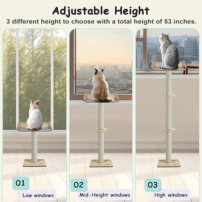 53" Cat Window Perch with Scratching Post, Cat Window Bed with Soft Mat, Non-Slip Base, 2 Suction Cups, Top Observation Perch, Max Support 50 lbs, Multi-Level Perch for Climbing (Natural Wood, 53")
