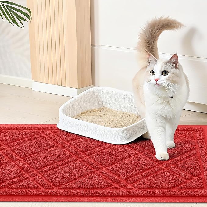 Smiry Cat Litter Box Mat 36x24, Non-Slip Water Resistant Litter Trapping Mat, Easy Clean Less Waste and Urine-Locking Cat Carpet for Indoor, Red