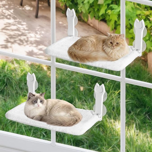 2 Pack Cat Window Perch,Cat Window Hammock Cordless Foldable Window Bed with 4 Large Strong Suction Cup,Reversible Cushion Cover,Metal Frame Easy to Adjust Window Seat Holds up to 40lbs(White，M)