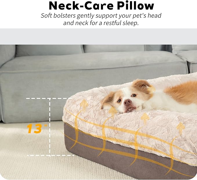 Giant Memory Foam Human Dog Bed for Adults People Fits Pet Families Extra Large Orthopedic Dog Beds with Sides, Washable Bolster Pet Bed Couch with Removable Cover, 70x50x13 Inch, Khaki