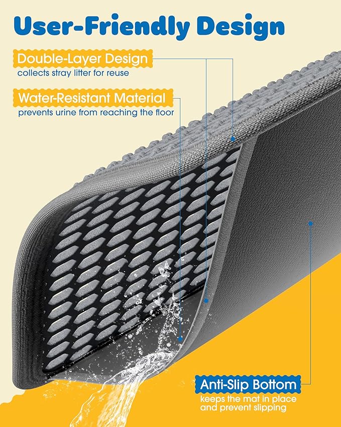 35" x 30" Cat Litter Mats (2-Pack) - Ultra-Large Litter Box Mats with Double Layers, Urine-Proof and Non-Slip Litter Trapping Mats, Easy to Clean Kitty Litter Mats for Floor, Scatter Control, Grey